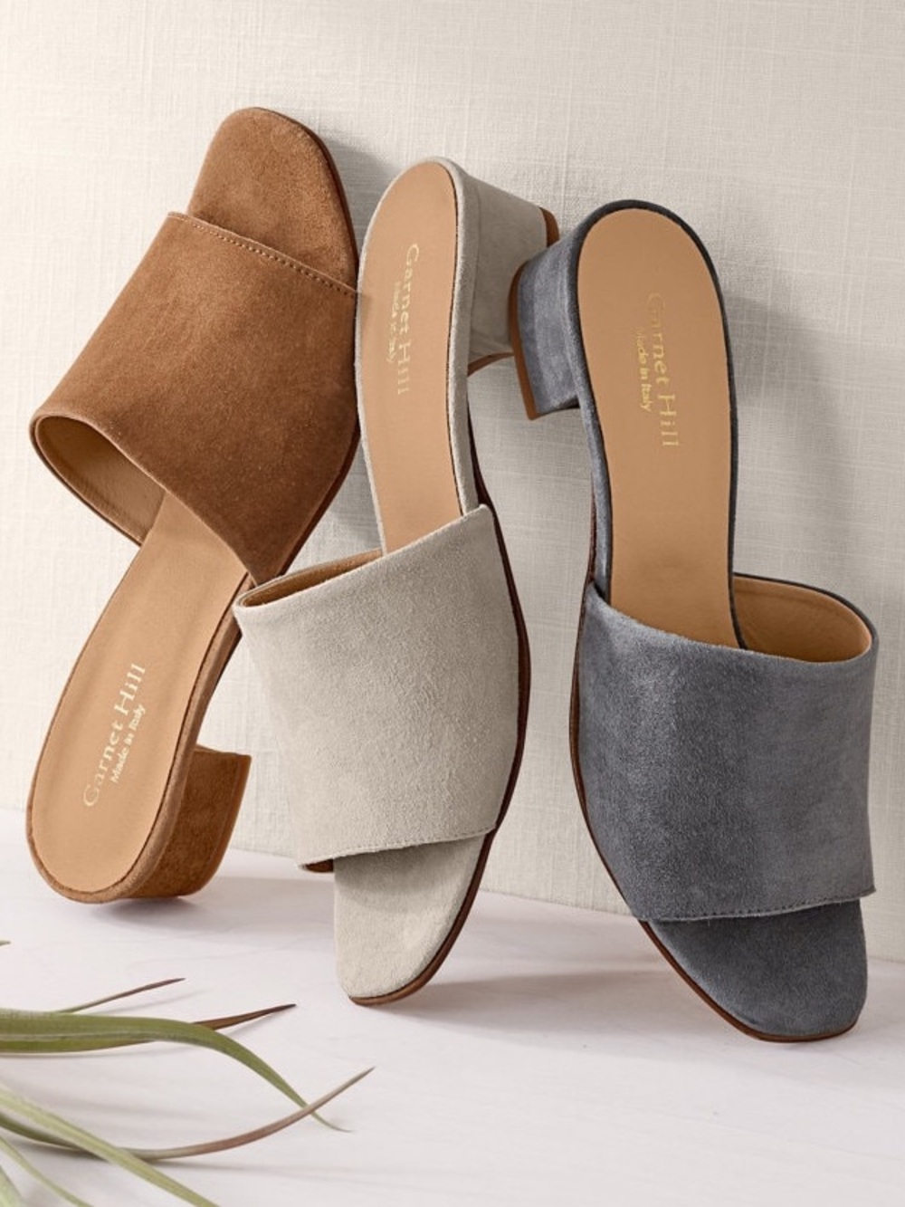 [Garnet Hill] Leather Suede  Lillian Block Heeled Slides